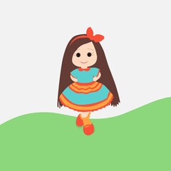 vector illustration, cute cartoon girl like a doll, isolated white background