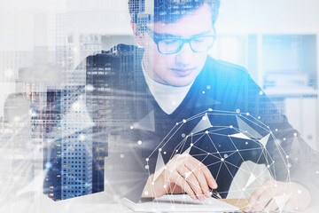 Businessman in glasses, network interface