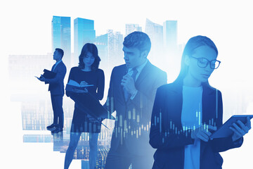 Diverse business team in city, financial graph