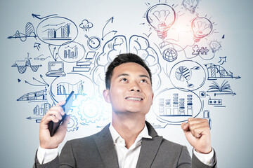 Celebrating Asian man and his business idea