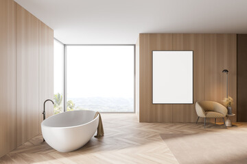 Obraz na płótnie Canvas Wooden bathroom with tub and poster