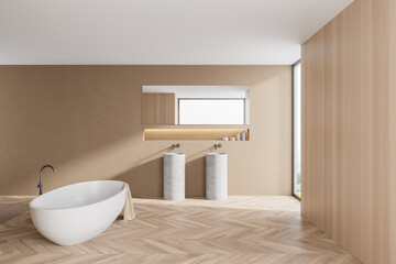 Obraz na płótnie Canvas Wooden master bathroom interior with tub and sink