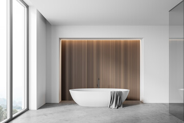 Obraz na płótnie Canvas White and wooden bathroom interior with tub