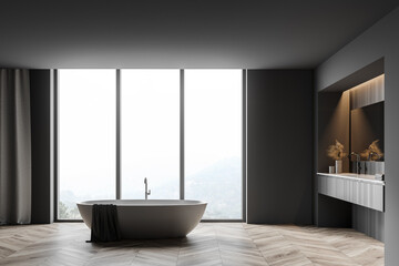 Fototapeta na wymiar Panoramic grey and wooden bathroom