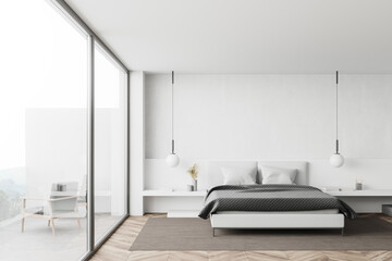 White bedroom interior with balcony