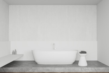 Naklejka na ściany i meble White bathroom interior with tub and shelf