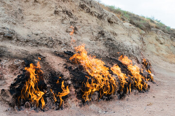 Yanar Dag in Baku, Azerbaijan. Yanar Dag is a natural gas fire which blazes continuously on a...