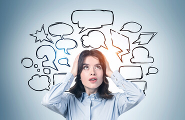 Stressed businesswoman and speech bubbles
