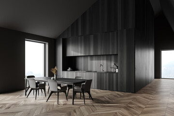 Fototapeta premium Grey and wooden attic kitchen corner with table