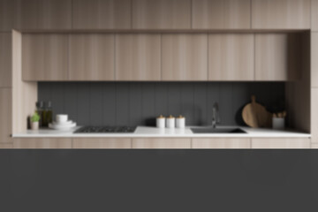 Table in grey kitchen with wooden countertops