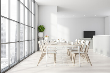 Dining table in white kitchen and living room