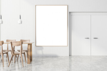 White office cafe interior with poster and door