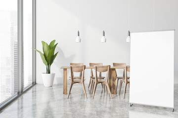 Panoramic white office cafe interior with poster