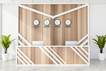 White and wood reception with clocks