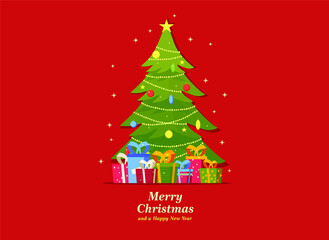 Decorated Christmas tree with gift boxes, star, lights, decoration of balls and lamps. Merry christmas and happy new year. Vector illustration