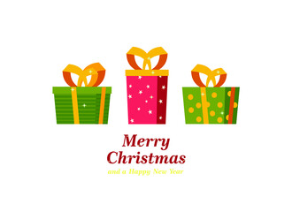 Christmas decorative gifts. Merry Christmas and a Happy New Year. Flat style vector illustration.