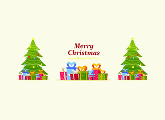 Decorated Christmas tree with gift boxes, star, lights, decoration of balls and lamps. Merry christmas and happy new year. Vector illustration