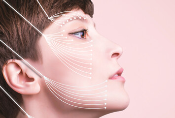 skin plastic surgery concept. Woman face with marks and arrows