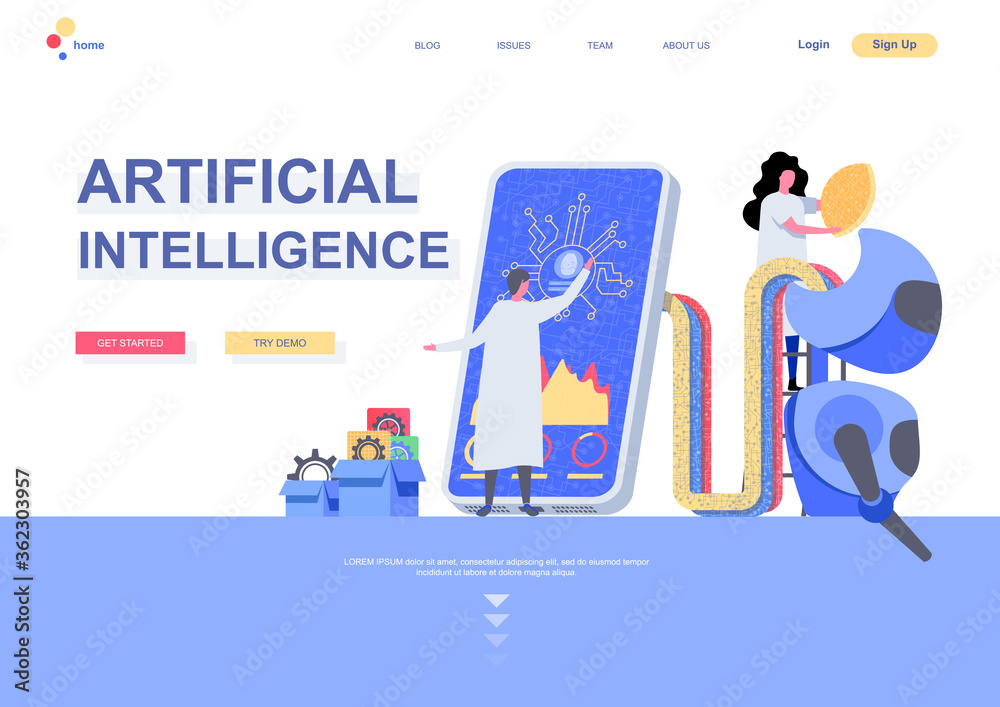 Poster Artificial intelligence flat landing page template. Machine learning concept scientists programming cybernetic system situation. Web page with people characters. Digital technology vector illustration