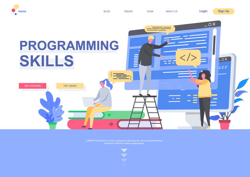 Programming skills flat landing page template. Developers designing and constructing internet application situation. Web page with people characters. Software development vector illustration.