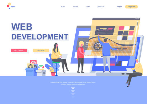 Web development flat landing page. Front end and back end development, developers team create internet application situation. Web page with people characters. Software engineering vector illustration