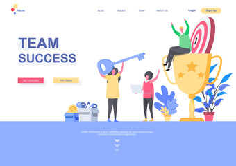Team success flat landing page template. Office workers celebrating victory, winner sitting on trophy cup situation. Web page with people characters. Competition and achievement vector illustration