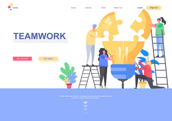 Teamwork flat landing page template. Group of people together building idea lightbulb from puzzle elements situation. Web page with people characters. Partnership and collaboration vector illustration