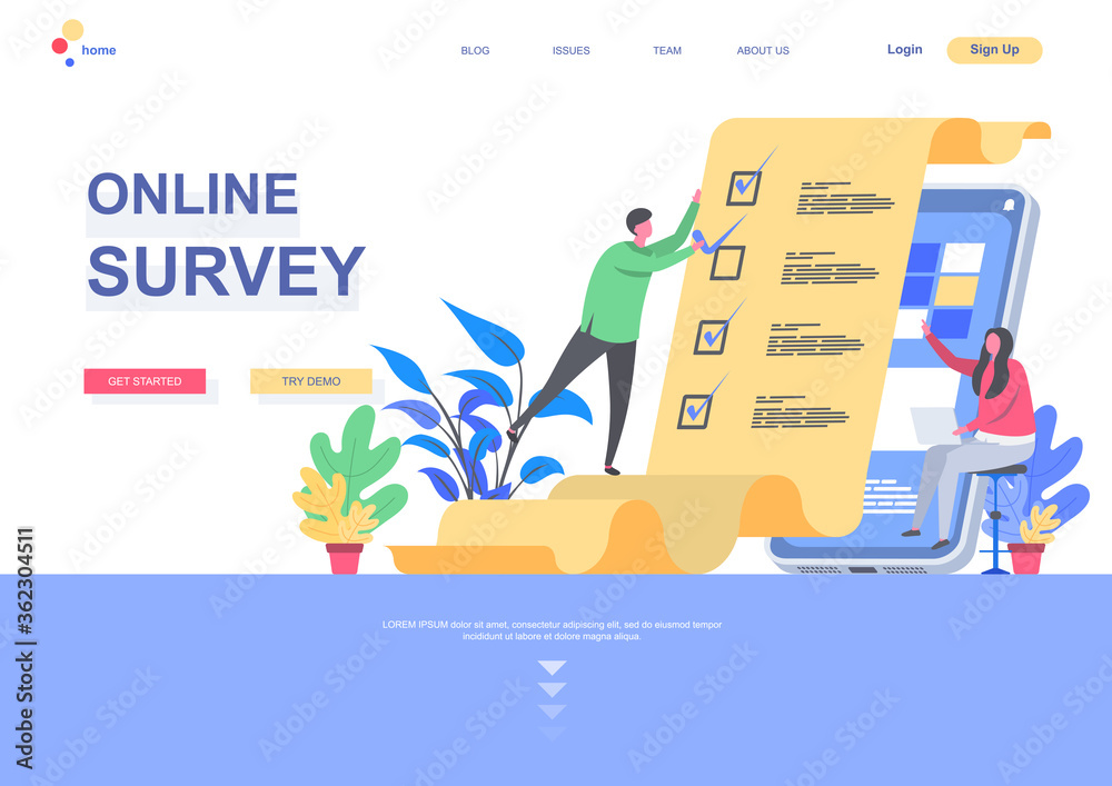Fototapete Online survey flat landing page template. Internet interview and voting service, man completing checklist situation. Web page with people characters. Mobile questionnaire vector illustration.