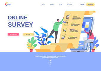 Online survey flat landing page template. Internet interview and voting service, man completing checklist situation. Web page with people characters. Mobile questionnaire vector illustration.