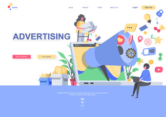 Advertising flat landing page template. Marketers making content for advertising campaign in social media situation. Web page with people characters. Announcement and promotion vector illustration.