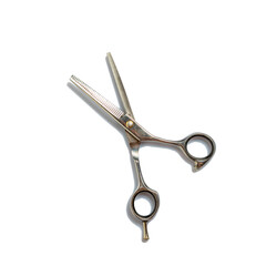 Thinning barber scissors isolated on white background. Beauty and fashion.