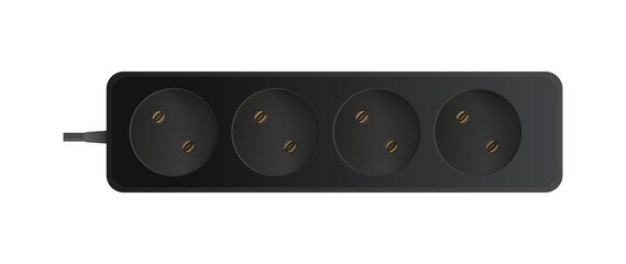 Black extension cord with four sockets. Portable power socket. Realistic style Vector.