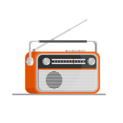 Orange old radio tuner. Vector illustration of vintage radio receiver, flat style. Retro radio.