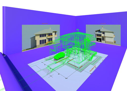Dream house 3D illustration. Architectural design, plan and elevations blueprints, green led light hologram 3d model. Collection.