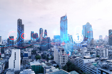 Obraz na płótnie Canvas Padlock icon hologram over panorama city view of Bangkok to protect business in Asia. The concept of information security shields. Double exposure.