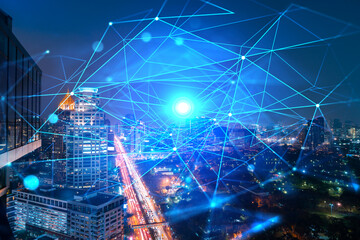 Abstract technology icons, night aerial panoramic cityscape of Bangkok, Asia. The concept of innovative approach to optimize international business process. Double exposure.