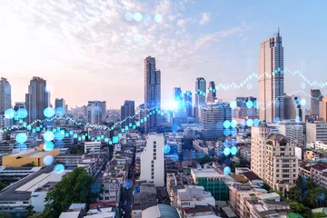 Poster Glowing FOREX graph hologram, aerial panoramic cityscape of Bangkok at sunset. Stock and bond trading in Asia. The concept of fund management. Double exposure. © VideoFlow