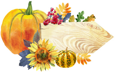 Wooden pointer with colorful falling autumn leaves, orange pumpkin and sunflower. Watercolor illustration
