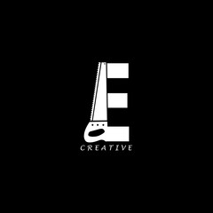 Hand saw concept simple flat E letter logo design
