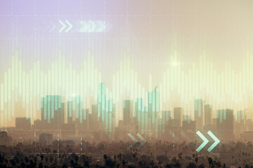 Forex chart on cityscape with skyscrapers wallpaper double exposure. Financial research concept.