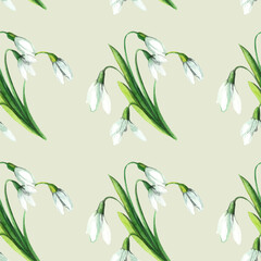 Seamless spring watercolor pattern with snowdrops