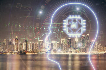 Brain hologram drawing on city scape background Double exposure. Brainstorming concept.