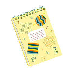 Closed spiral notebook for notes. Flat style. Cover with abstract shapes. Stationery for writing and drawing. Color vector illustration. Element isolated on a white background