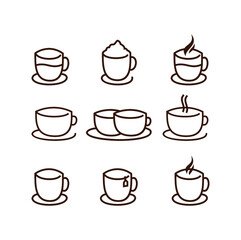 Coffee cup icon. Set of vector cups with coffee. Coffee cup line logo.