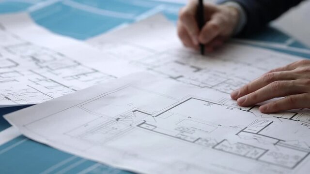An architect makes notes on construction drawings