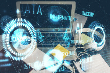 Double exposure of desktop with computer on background and tech theme drawing. Concept of big data.