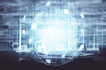 Computer on desktop with social network hologram. Double exposure. Concept of international people connections.