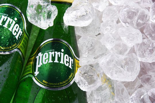 Bottles of Perrier mineral water in crushed ice