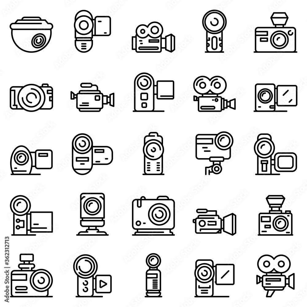 Poster camcorder icons set. outline set of camcorder vector icons for web design isolated on white backgrou