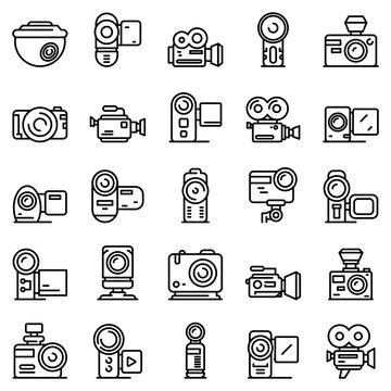 Camcorder icons set. Outline set of camcorder vector icons for web design isolated on white background